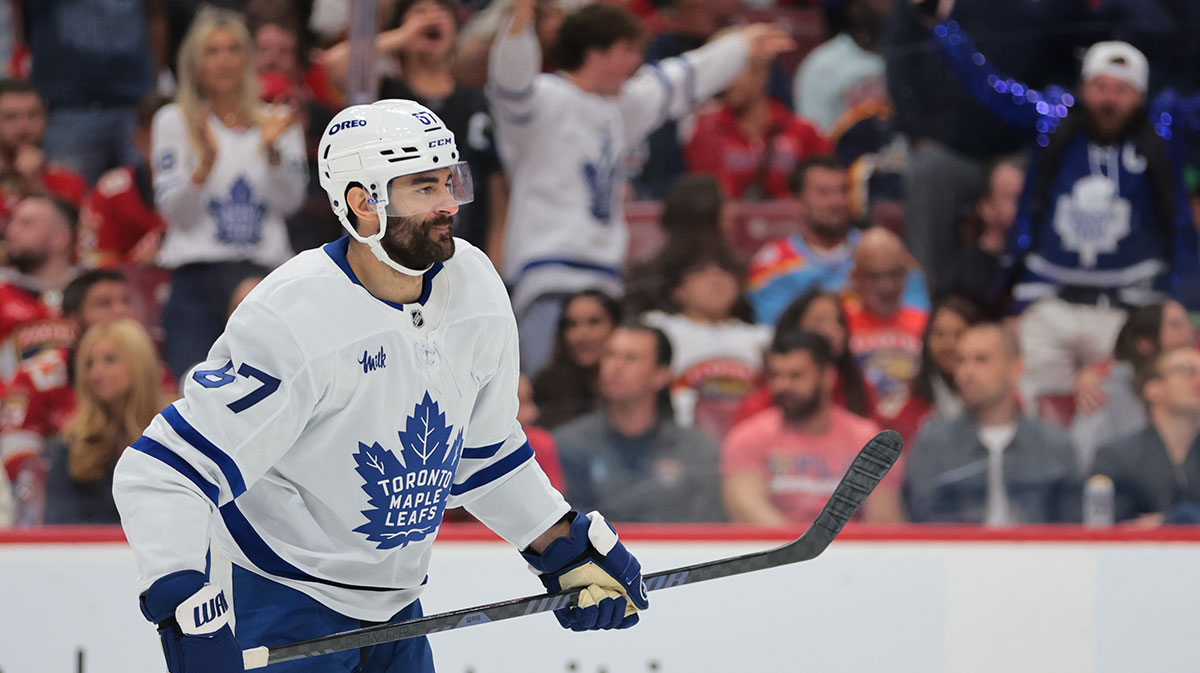 Toronto Maple Leafs left wing Max Pacioretty (67) celebrates after scoring against the Florida Panthers during the third period in game six of the second round of the 2025 Stanley Cup Playoffs at Amerant Bank Arena
