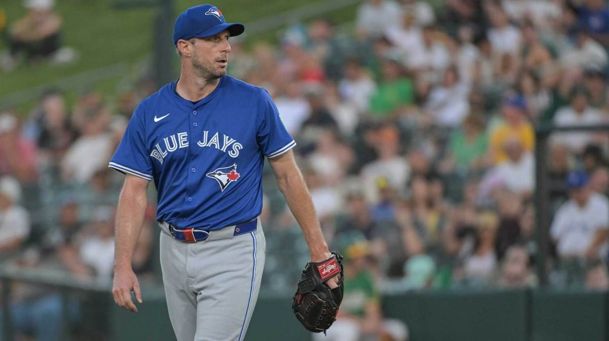 Toronto Blue Jays pitcher Max Scherzer (31) looks on during the fourth inning of the game against the Athletics at Sutter Health Park.