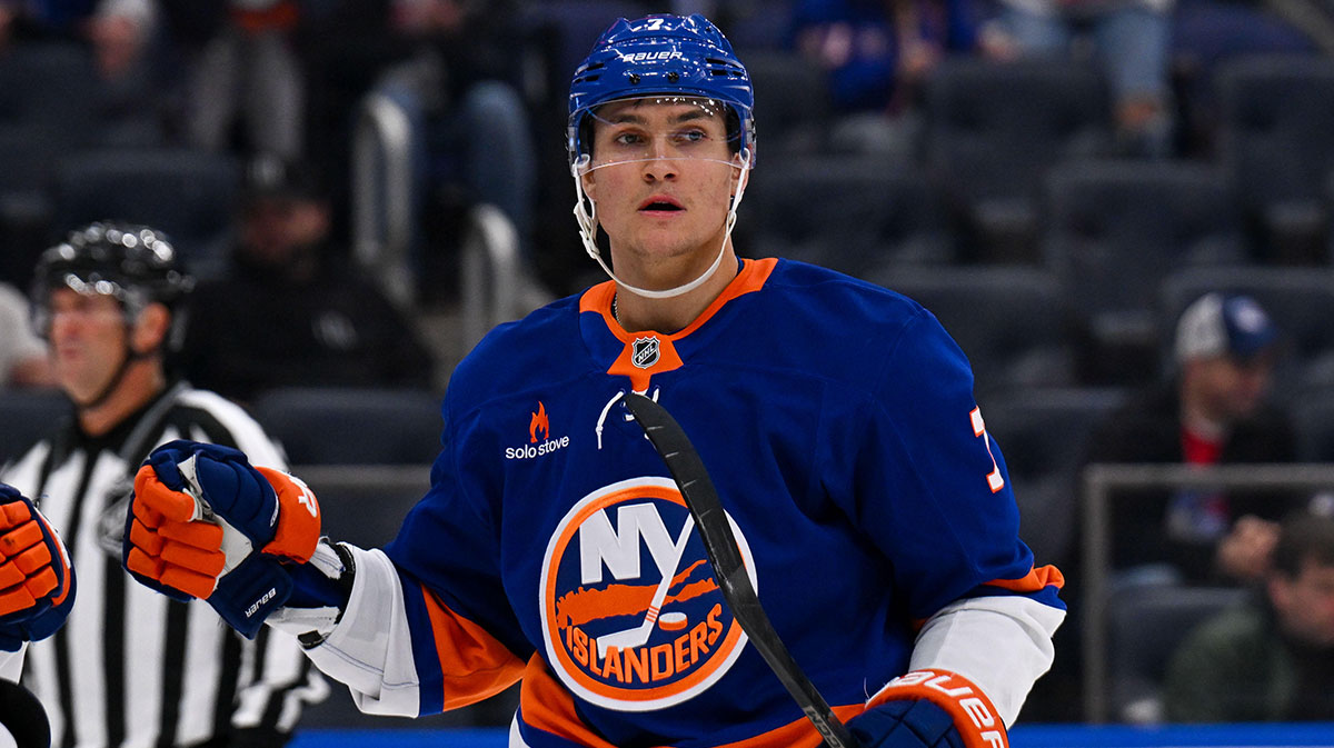 New York Islanders right wing Maxim Tsyplakov (7) celebrates his power play goal against the New York Rangers during the second period at UBS Arena.