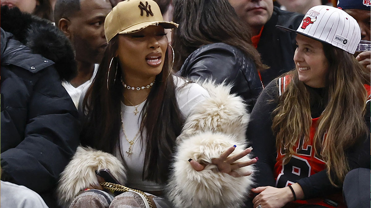 Megan Thee Stallion attends a basketball game between the Chicago Bulls and Boston Celtics during the second half at United Center.