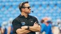 Head Coach Ryan Silverfield looks on during a Memphis Tigers football spring game between the blue and gray team at Simmons Liberty Bank Stadium in Memphis, Tenn.