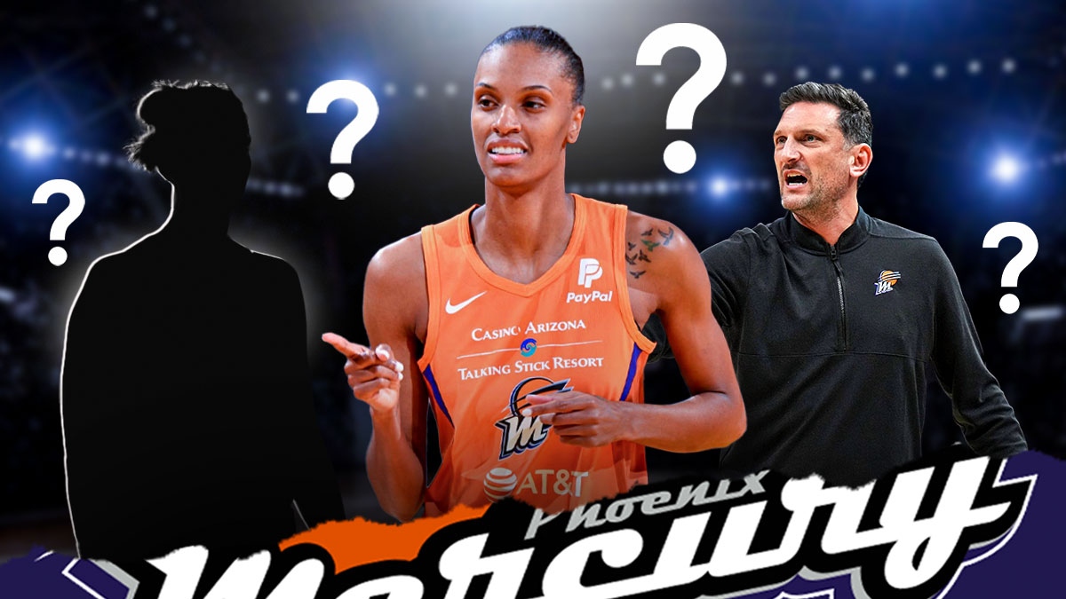 DeWanna Bonner in a Phoenix Mercury jersey, along with a silhouette of Emma Meeseeman next to Bonner. Plus, head coach Nate Tibbetts is calling a play beside both Meesseman and Bonner.