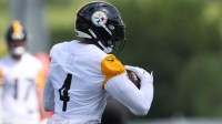 Pittsburgh Steelers wide receiver DK Metcalf (4) participate in drills during training camp at Saint Vincent College.