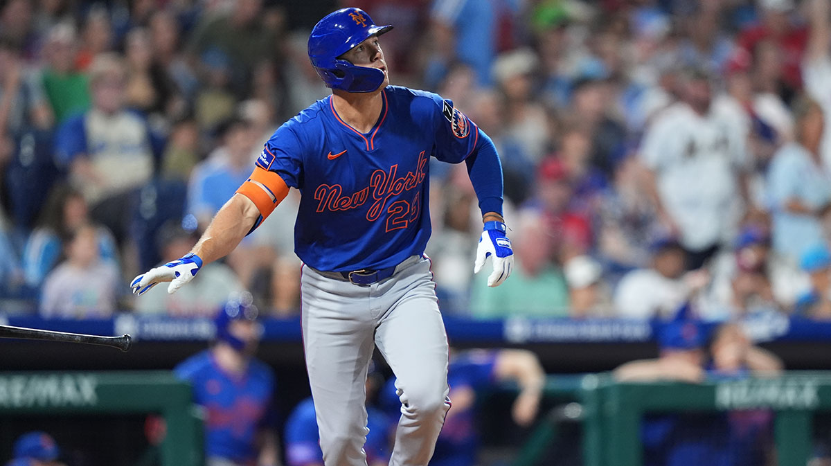 New York Mets outfielder Jared Young (29) reacts after hitting a home run against the Philadelphia Phillies in the eighth inning at Citizens Bank Park.