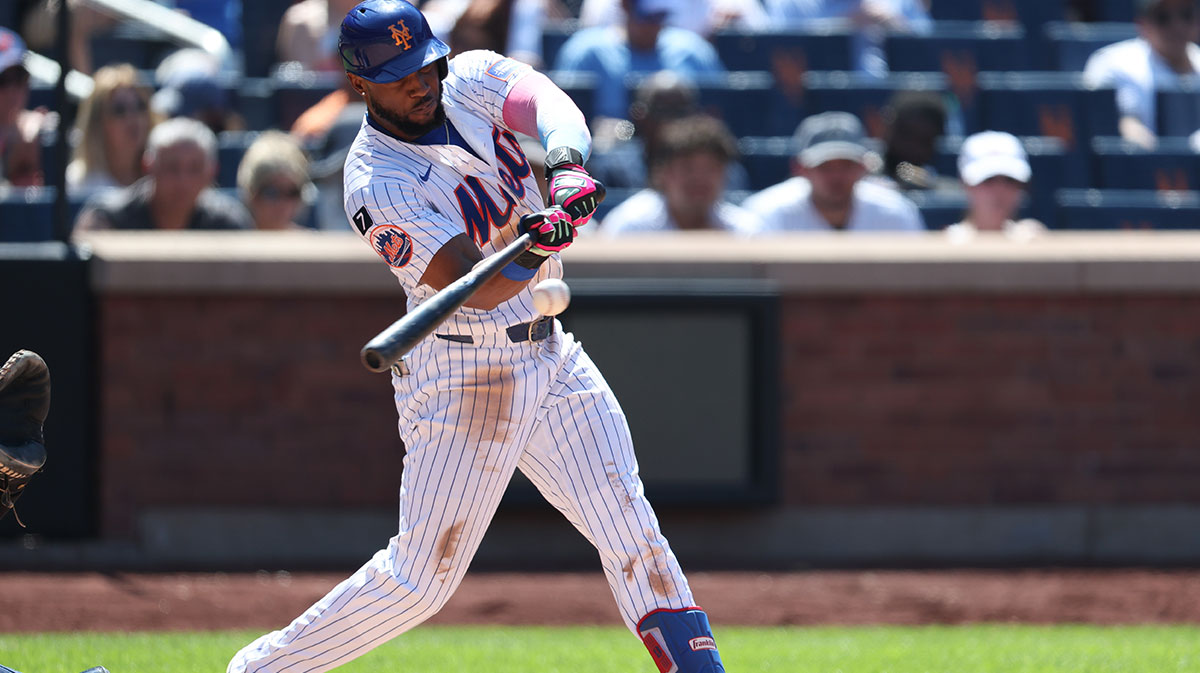 New York Mets left fielder Starling Marte (6) singles during the sixth inning against the New York Yankees at Citi Field.