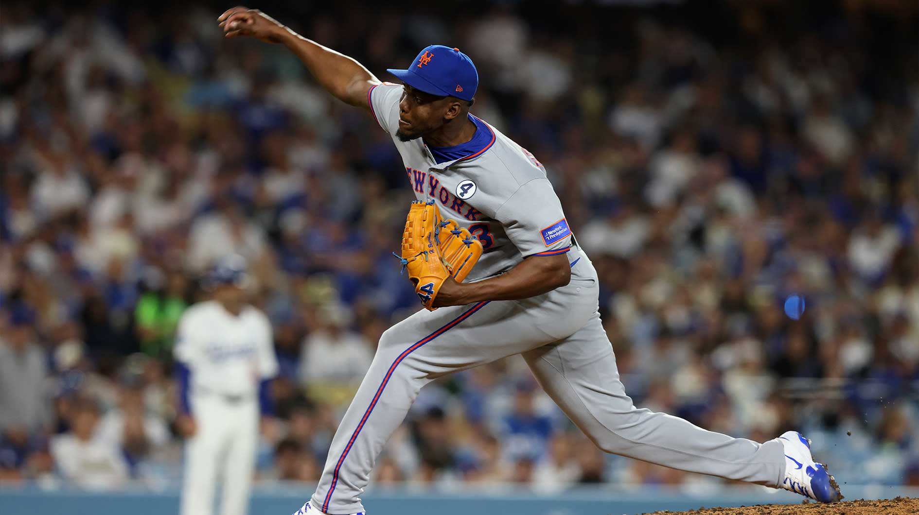 New York Mets pitcher Huascar Brazoban (43) throws during the sixth inning against the Los Angeles Dodgers at Dodger Stadium.