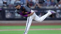 New York Mets relief pitcher Edwin Diaz (39) follows through on a pitch against the Los Angeles Angels during the ninth inning at Citi Field.
