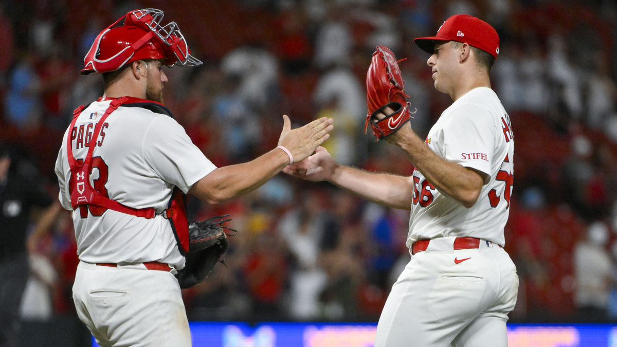 St. Louis Cardinals relief pitcher Ryan Helsley (56) celebrates with catcher Pedro Pages (43) after the Cardinals defeated the San Diego Padres at Busch Stadium. Tigers pursued Ryan Helsley before Mets deal as the MLB trade deadline nears the end.
