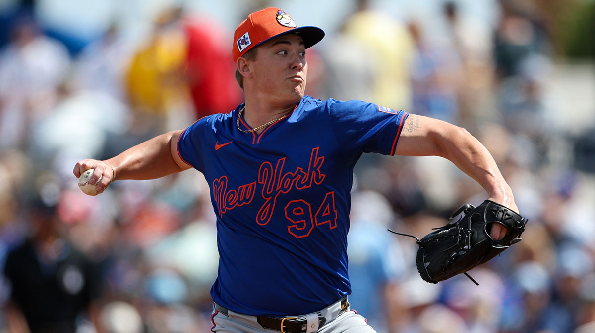 New York Mets pitcher Blade Tidwell (94) throws a pitch against the Tampa Bay Rays in the second inning during spring training at Charlotte Sports Park.