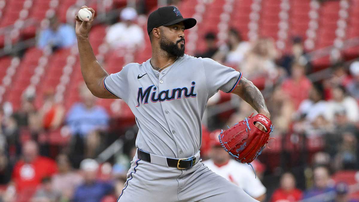 Miami Marlins starting pitcher Sandy Alcantara (22) pitches against the St. Louis Cardinals during the second inning at Busch Stadium.