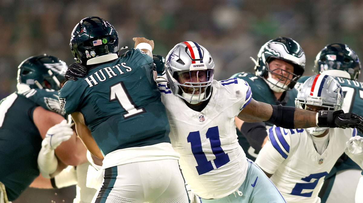 Nov 10, 2024; Arlington, Texas, USA; Dallas Cowboys linebacker Micah Parsons (11) rushes the passer in the game against the Philadelphia Eagles at AT&T Stadium. 