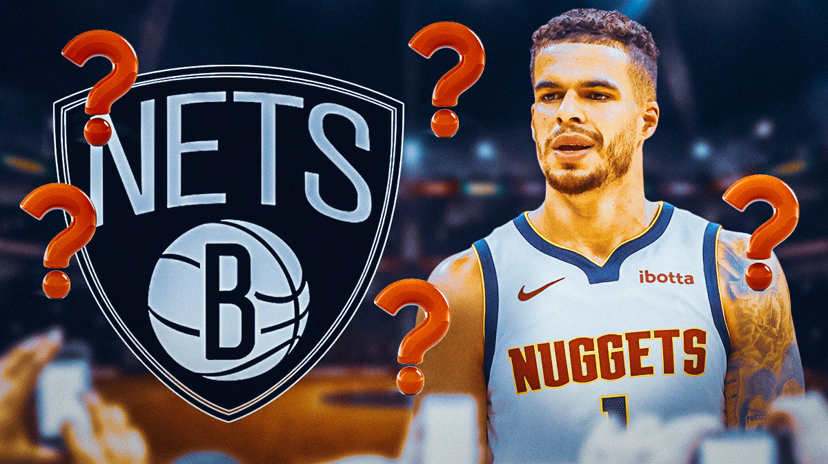 Michael Porter Jr. with a Nets logo next to him and question marks around him