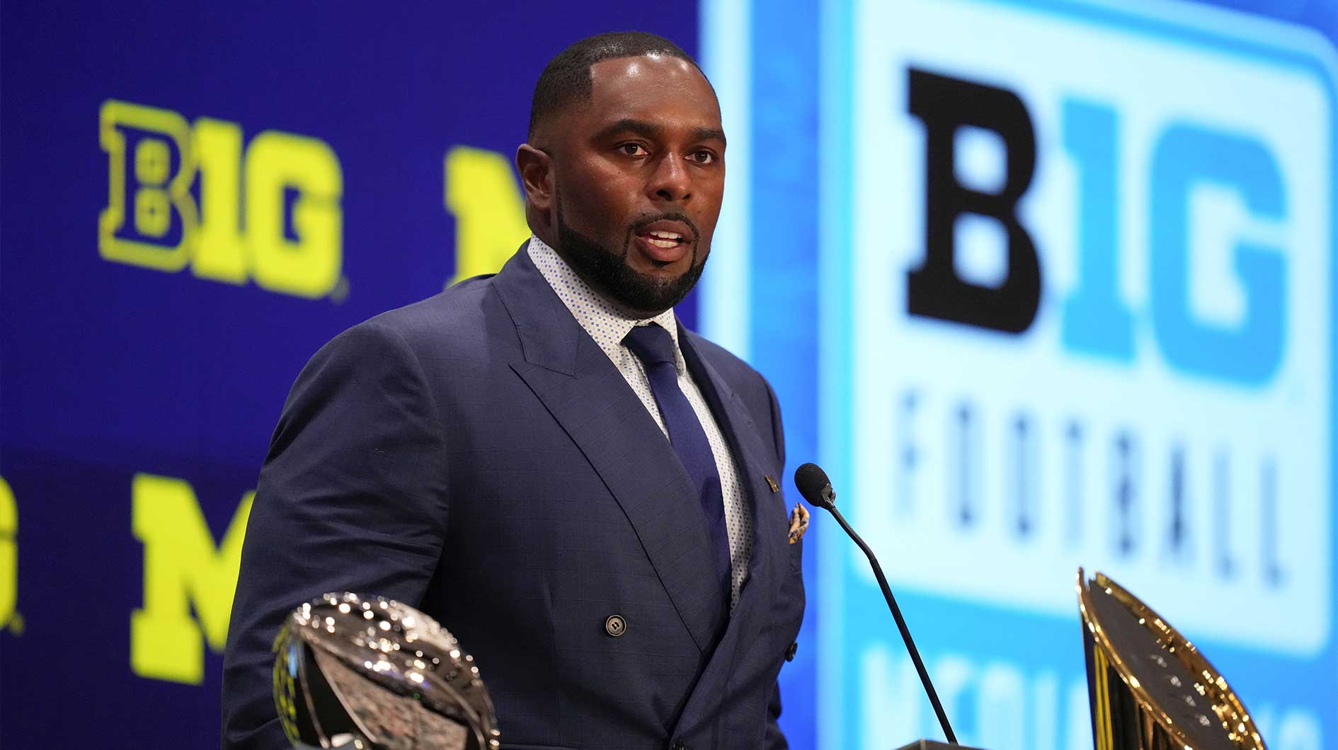 Michigan head coach Sherrone Moore speaks to the media during the Big Ten NCAA college football media days at Mandalay Bay Resort.