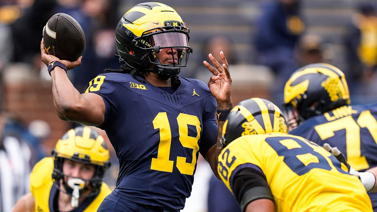 Team Blue quarterback Bryce Underwood (19) makes a pass against Team Maize during the second half of the spring game at Michigan Stadium in Ann Arbor on Saturday, April 19, 2025.
