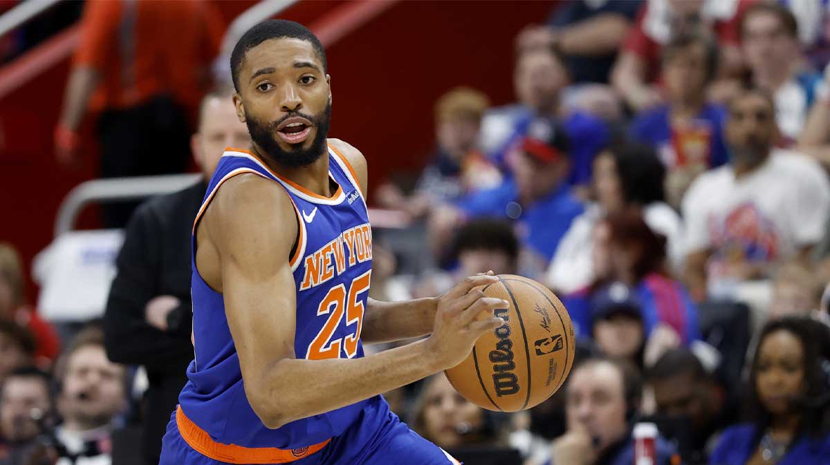 New York Knicks forward Mikal Bridges (25) dribbles in the first half against the Detroit Pistons during game three of first round for the 2024 NBA Playoffs at Little Caesars Arena.