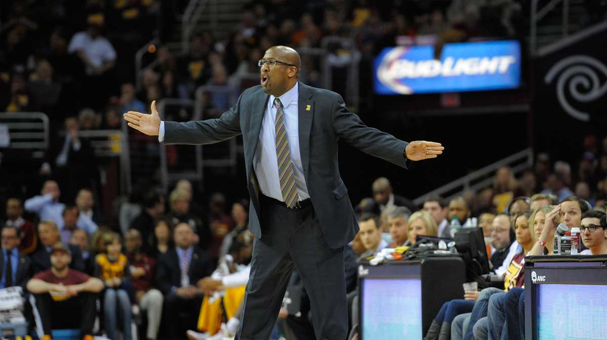 Cleveland Cavaliers head coach Mike Brown reacts against the New York Knicks at Quicken Loans Arena. New York won 107-97.