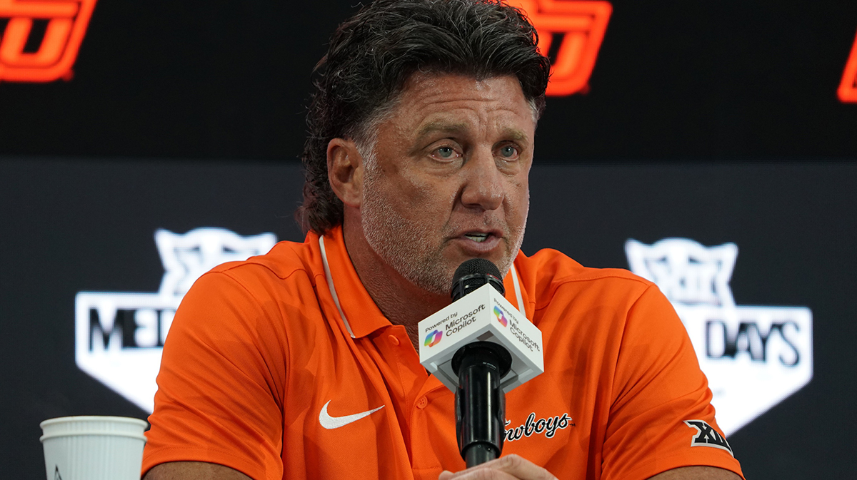 Oklahoma State head coach Mike Gundy speaks with the media during 2025 Big 12 Football Media Days at The Star.
