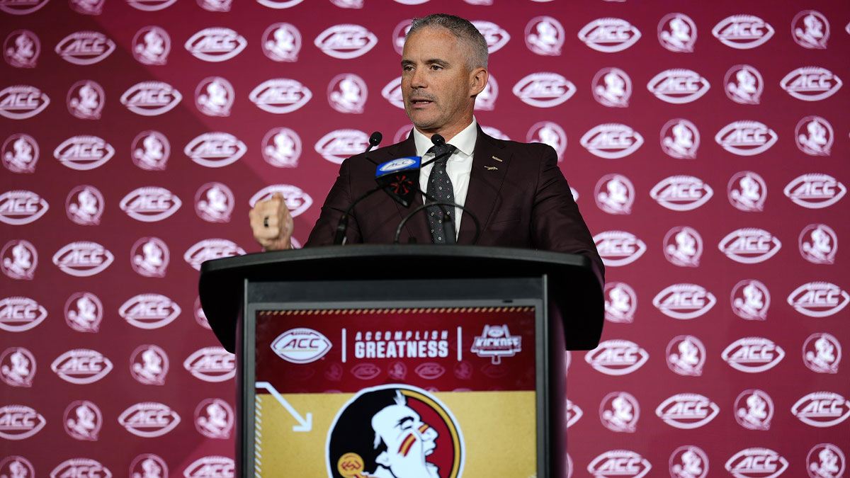 Florida State head coach Mike Norvell answers questions from the media during ACC Media days at Hilton Charlotte Uptown.