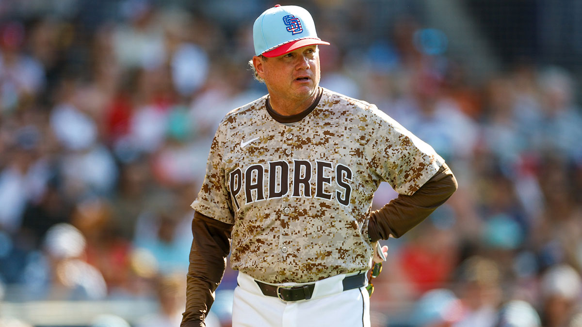San Diego Padres manager Mike Shildt (8) reacts to a challenge during the fifth inning against the Texas Rangers at Petco Park.