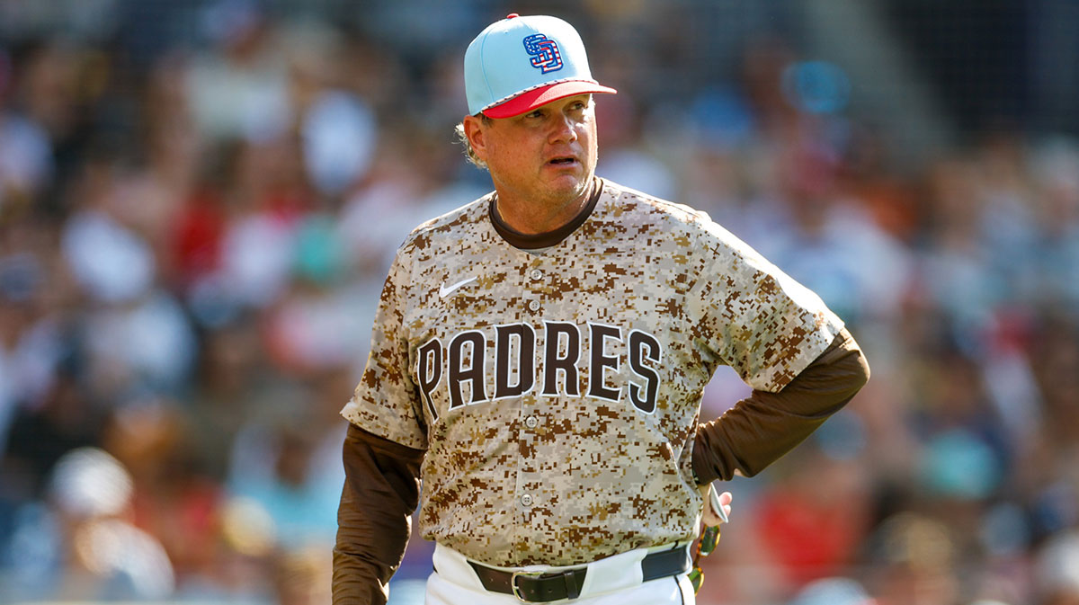 San Diego Padres manager Mike Shildt (8) reacts to a challenge during the fifth inning against the Texas Rangers at Petco Park.