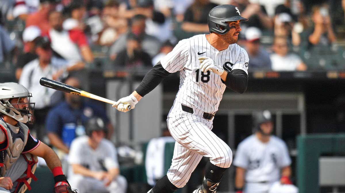 Chicago White Sox designated hitter Mike Tauchman (18) hits a single during the third inning against the Cleveland Guardians at Rate Field.