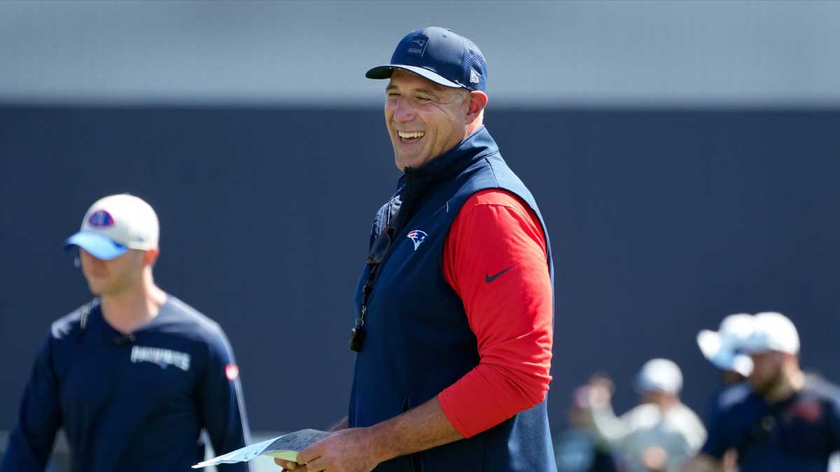 Patriots head coach Mike Vrabel at opening day of the New England Patriots training camp on July 23, 2025,