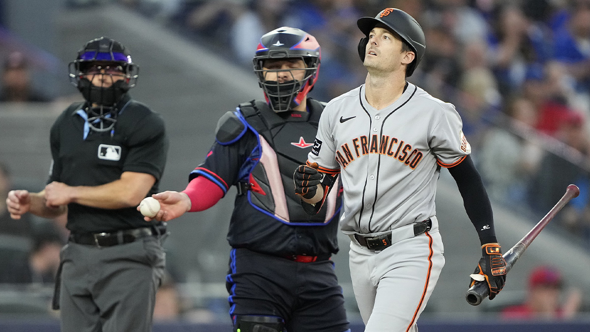 San Francisco Giants right fielder Mike Yastrzemski (5) reacts after striking out against the Toronto Blue Jays during the fifth inning at Rogers Centre.