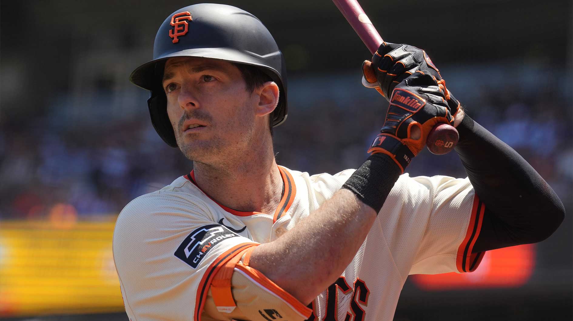 San Francisco Giants right fielder Mike Yastrzemski (5) prepares to bat against the Los Angeles Dodgers during the fifth inning at Oracle Park.