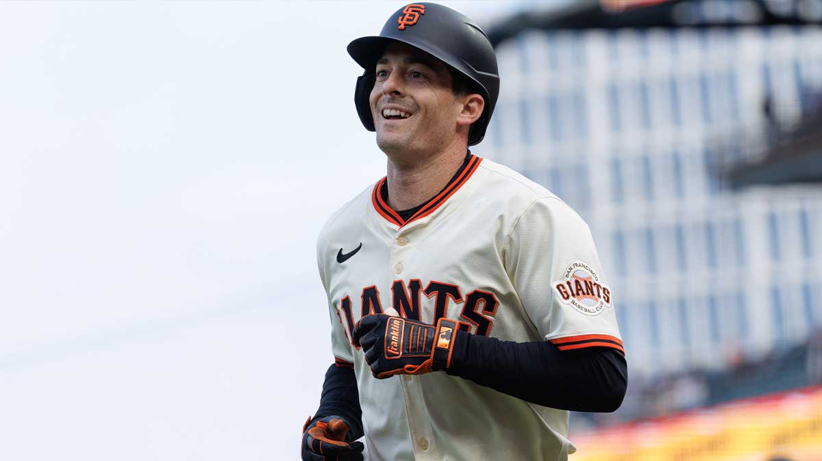 San Francisco Giants right fielder Mike Yastrzemski (5) smiles after hitting a one run home run during the first inning against the Miami Marlins at Oracle Park.