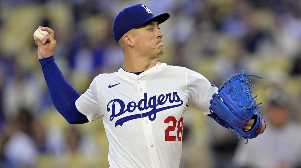 Los Angeles Dodgers pitcher Bobby Miller (28) pitches in the first inning against the Colorado Rockies at Dodger Stadium.