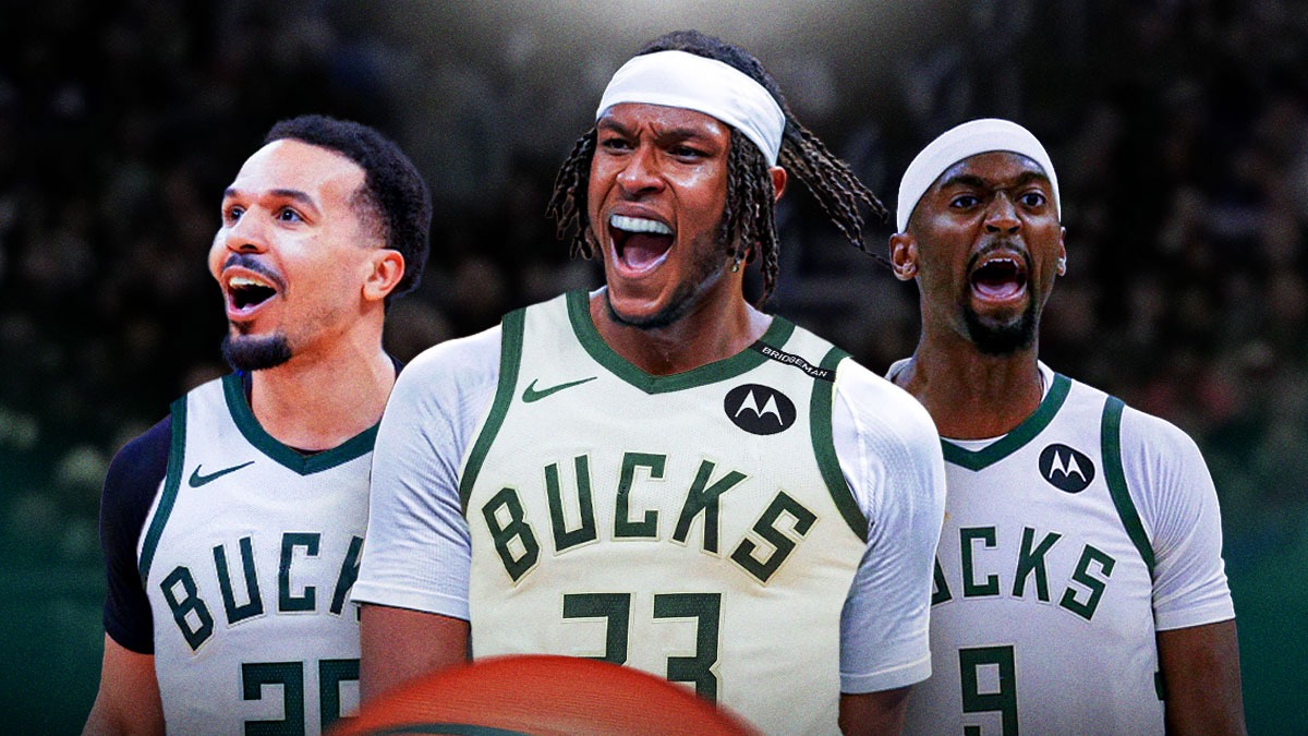 Bucks' Myles Turner, Cole Anthony, and Bobby Portis all hyped up (all wearing Milwaukee jerseys)