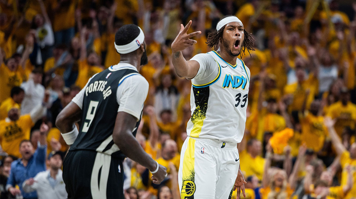 Indiana Pacers center Myles Turner (33) celebrates a made basket during game five of the first round for the 2024 NBA Playoffs against the Milwaukee Bucks at Gainbridge Fieldhouse.