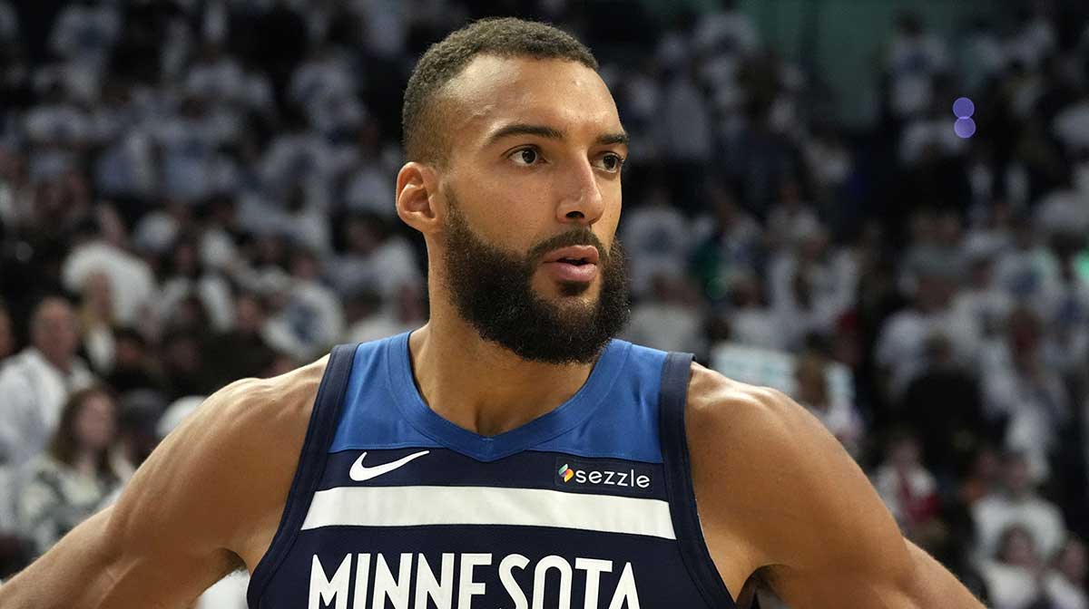 Minnesota Timberwolves center Rudy Gobert (27) reacts after the game against the Oklahoma City Thunder in game three of the western conference finals for the 2025 NBA Playoffs at Target Center.