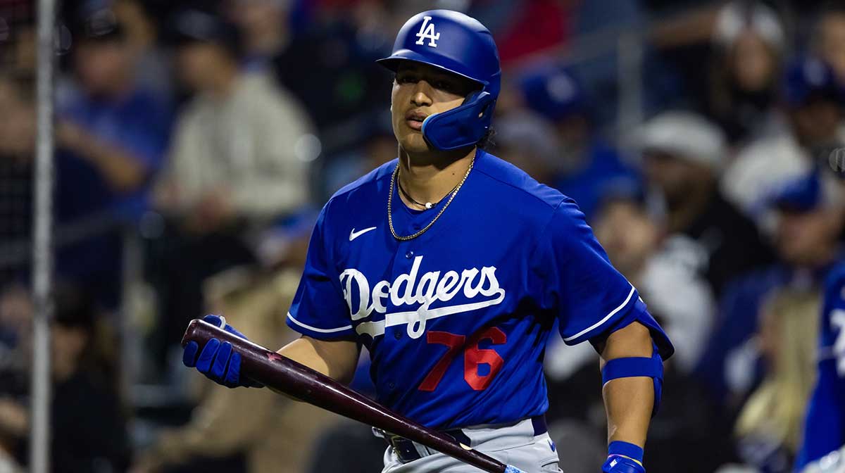 Los Angeles Dodgers catcher Diego Cartaya against the Kansas City Royals during a spring training game at Surprise Stadium.