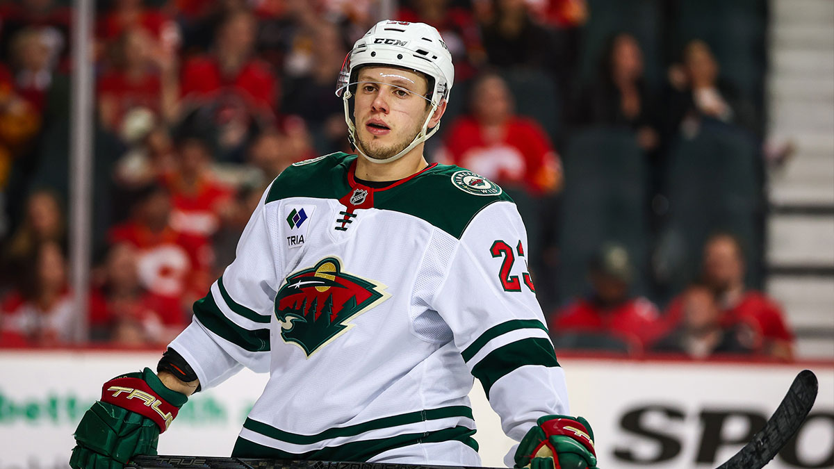 Minnesota Wild center Marco Rossi (23) against the Calgary Flames during the third period at Scotiabank Saddledome.