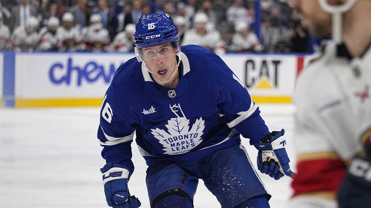 Toronto Maple Leafs forward Mitch Marner (16) skates against the Florida Panthers during the third period of game five of the second round of the 2025 Stanley Cup Playoffs at Scotiabank Arena. 