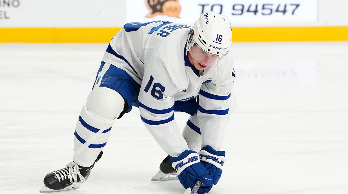 Toronto Maple Leafs right wing Mitch Marner (16) warms up before a game against the Vegas Golden Knights at T-Mobile Arena.