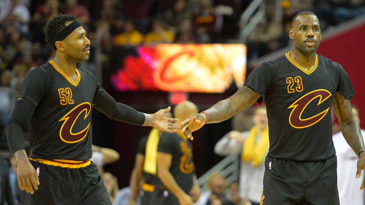 Cleveland Cavaliers forward LeBron James (23) reacts with guard Mo Williams (52) during a game against the New York Knicks at Quicken Loans Arena. Cleveland won 96-86.