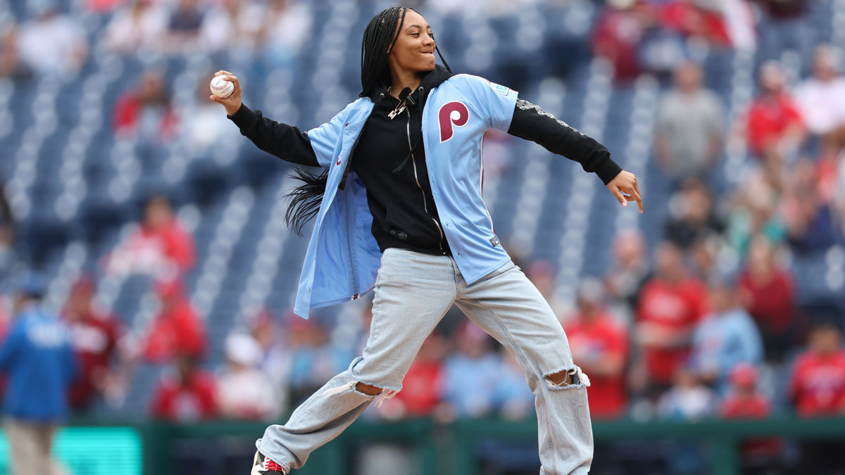 Apr 3, 2025; Philadelphia, Pennsylvania, USA; Mo'ne Davis throws out a first pitch before action between the Philadelphia Phillies and the Colorado Rockies at Citizens Bank Park. Mandatory Credit: Bill Streicher-Imagn Images