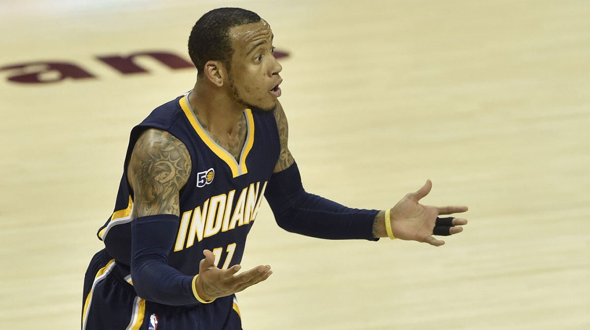 Indiana Pacers guard Monta Ellis (11) reacts in the first quarter against the Cleveland Cavaliers at Quicken Loans Arena.