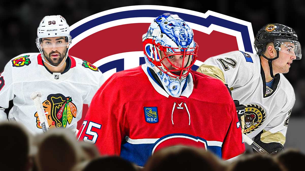 Joe Veleno, Jakub Dobes, and Marc Del Gazio with the Canadiens logo in the background, canadiens free agency grade