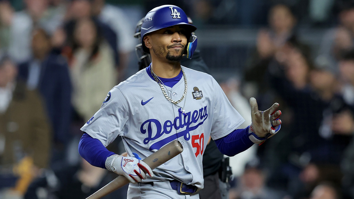 Oct 29, 2024; New York, New York, USA; Los Angeles Dodgers shortstop Mookie Betts (50) reacts after striking out during the seventh inning against the New York Yankees in game four of the 2024 MLB World Series at Yankee Stadium.
