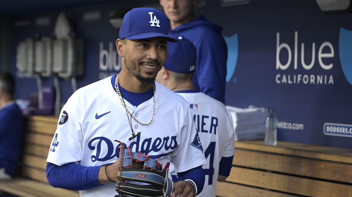 Los Angeles Dodgers shortstop Mookie Betts (50) in the dugout prior to the first inning of the game against the Minnesota Twins at Dodger Stadium.