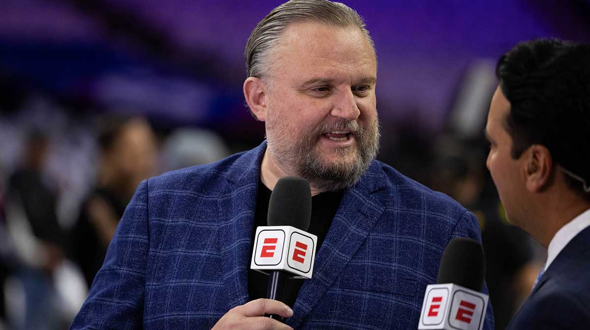 Philadelphia 76ers president of basketball operations Daryl Morey is interviewed before a game against the Milwaukee Bucks at Wells Fargo Center