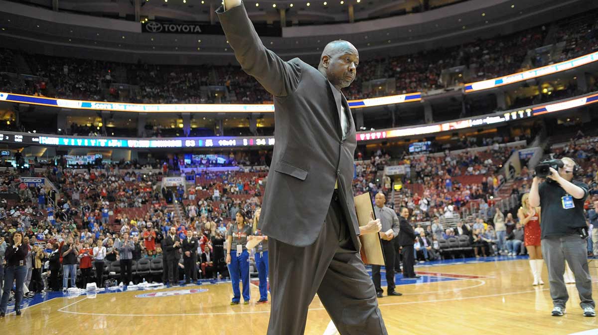 Moses Malone of the Philadelphia 76ers 1982-83 NBA Championship team waves to the crowd during their 30th anniversary celebration during halftime of the game between Philadelphia 76ers and Cleveland Cavaliers at the Wells Fargo Center.