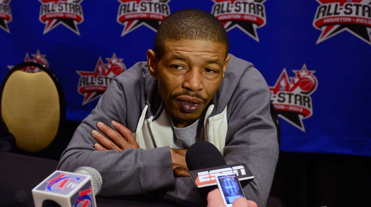 Shooting Stars participant Muggsy Bogues speaks to the media during the a press conference for the all star Saturday night participants at the Hilton Americas.