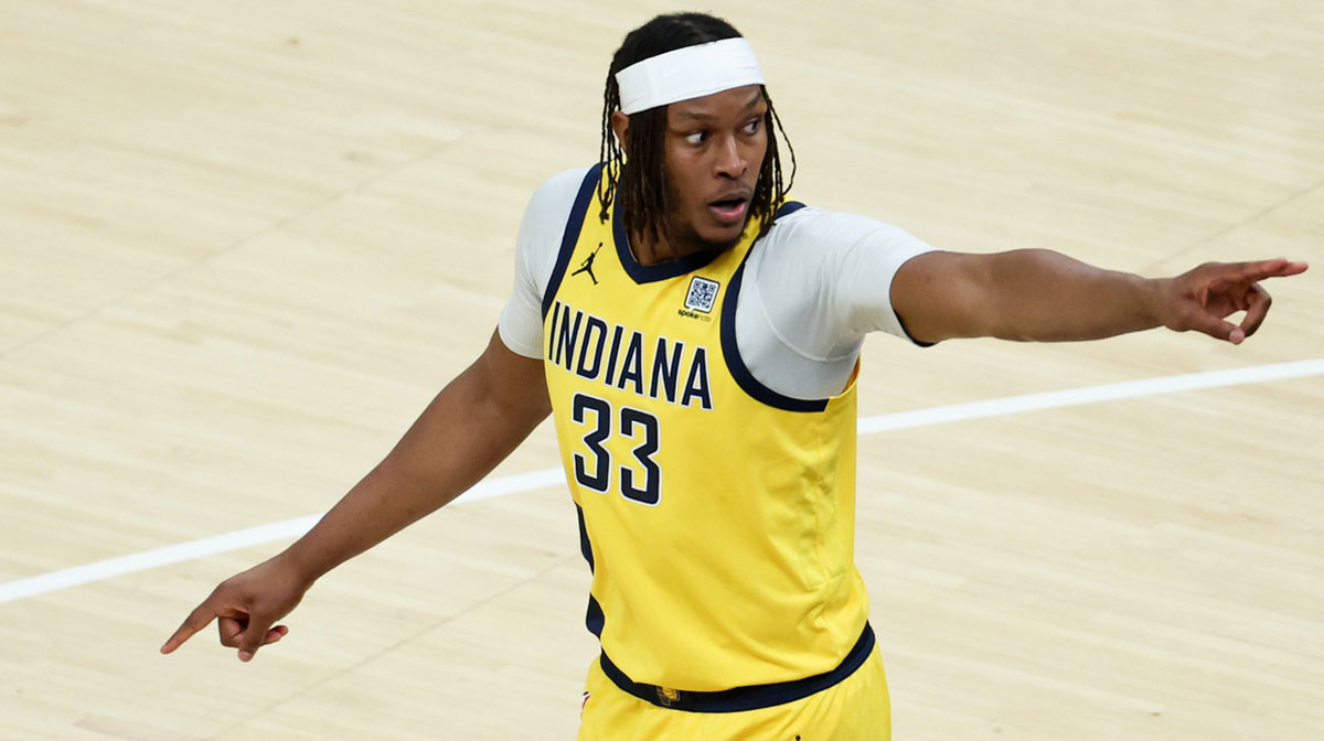Indiana Pacers center Myles Turner (33) reacts in the first quarter during game six of the 2025 NBA Finals against the Oklahoma City Thunder at Gainbridge Fieldhouse.
