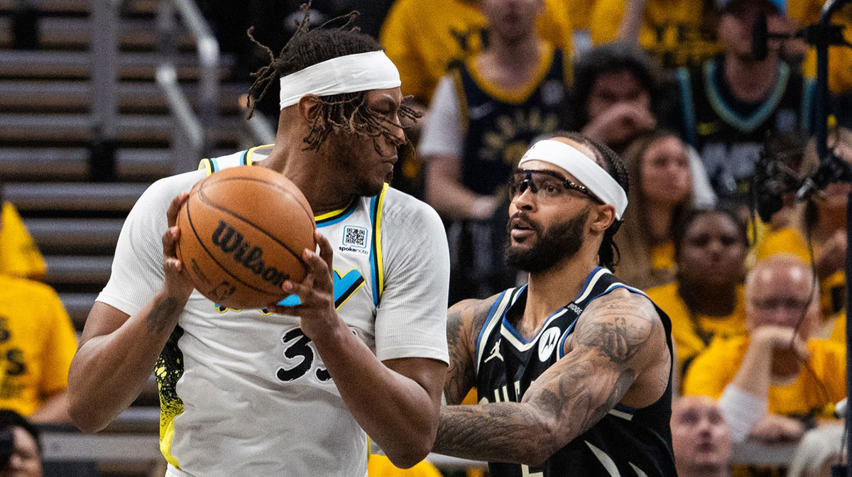 Indiana Pacers center Myles Turner (33) shoots the ball while Milwaukee Bucks guard Kevin Porter Jr. (3) defends during game five of the first round for the 2024 NBA Playoffs at Gainbridge Fieldhouse.