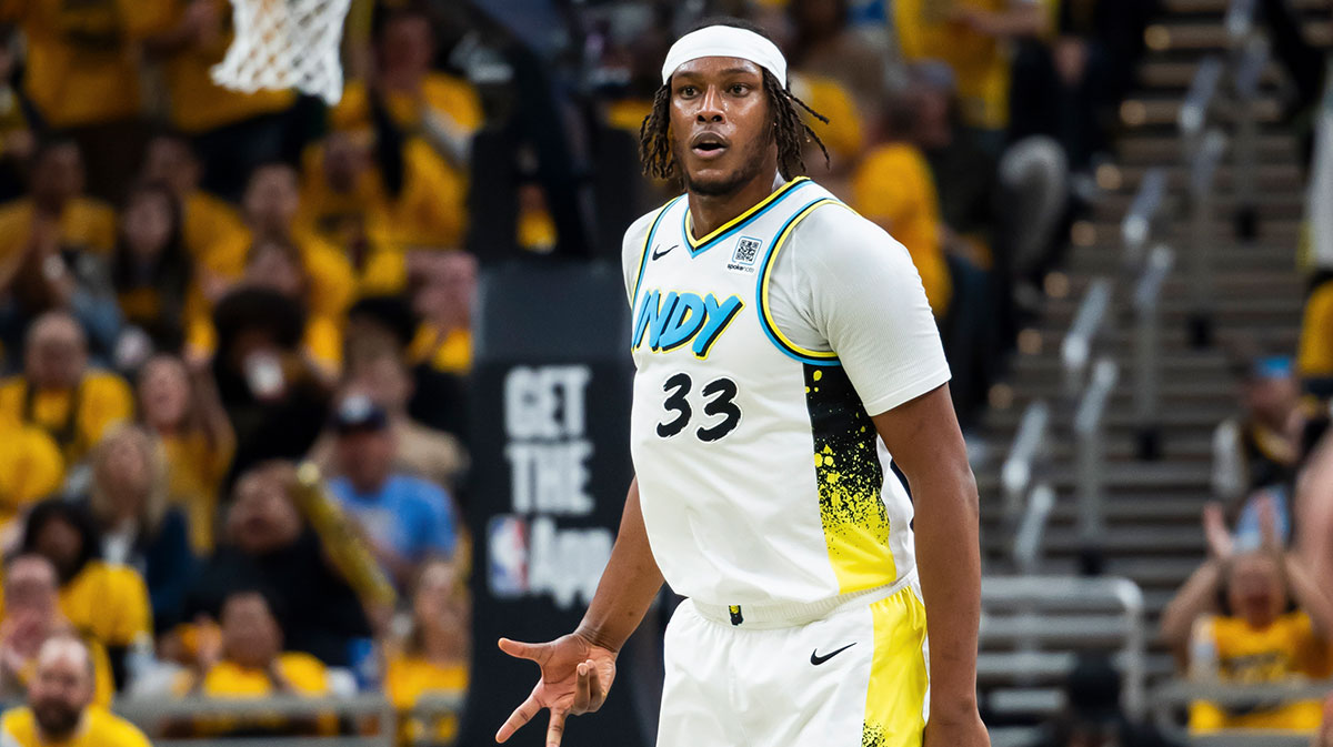 Indiana Pacers center Myles Turner (33) celebrates a made basket in the second half against the Milwaukee Bucks at Gainbridge Fieldhouse.