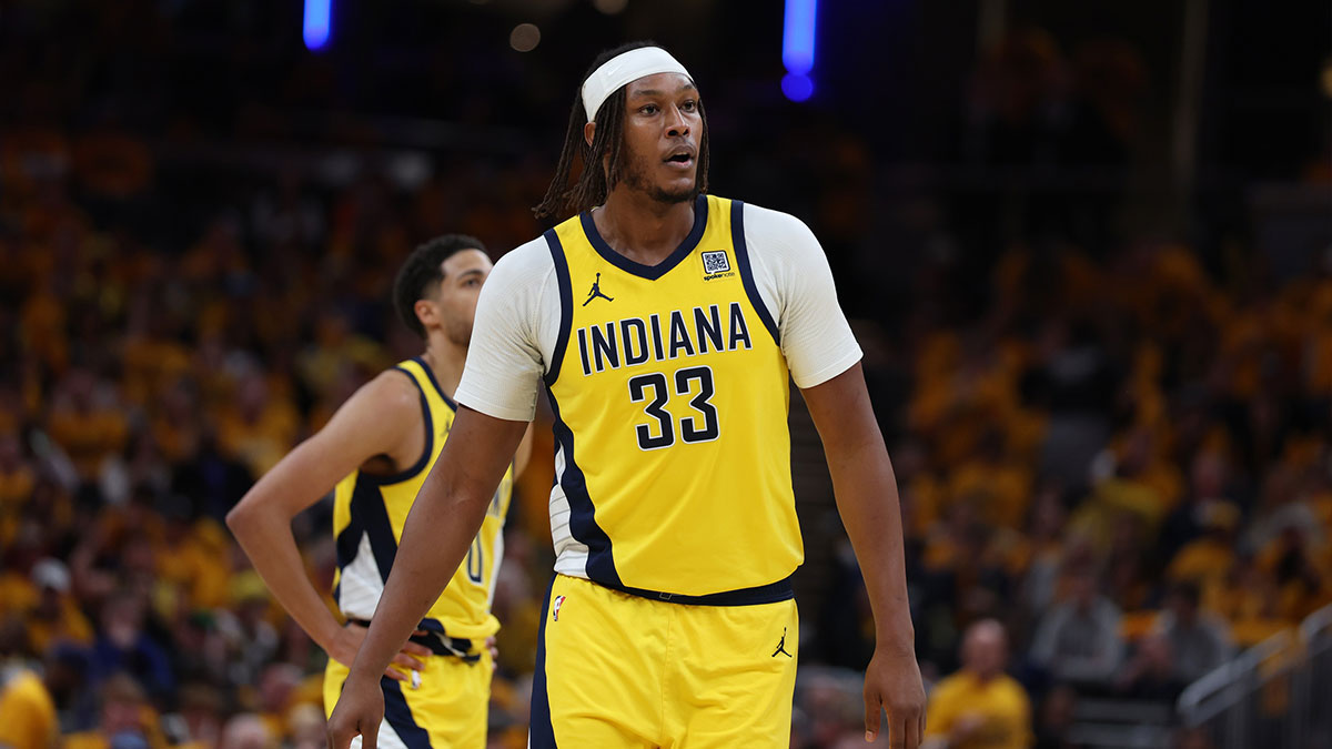 Indiana Pacers center Myles Turner (33) walks downcourt during the third quarter against the New York Knicks during game three of the eastern conference finals for the 2025 NBA Playoffs at Gainbridge Fieldhouse.
